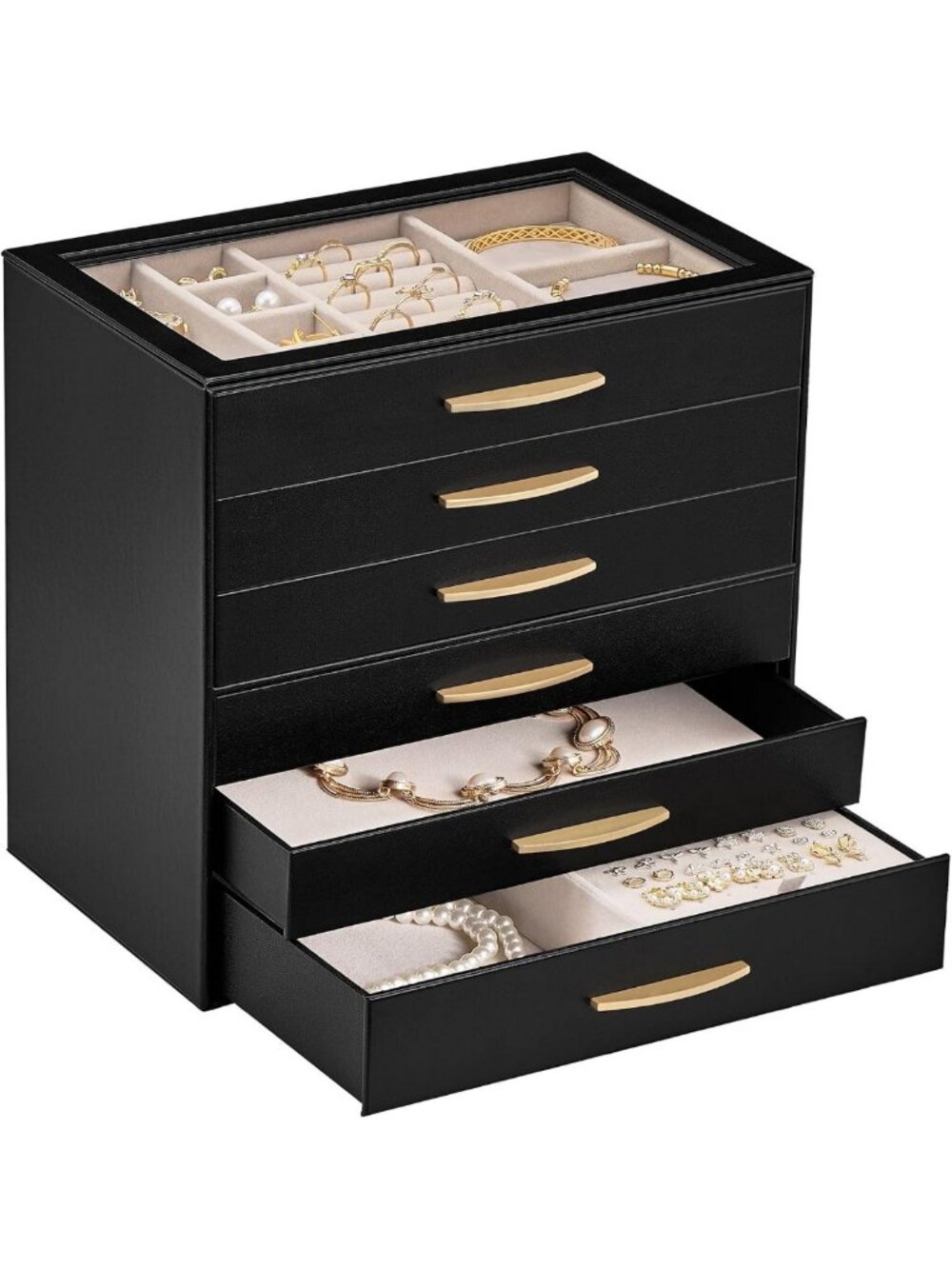 Elegant 6-Layer Jewelry Box Organizer with Glass Lid for Women - Black Storage